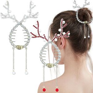 Reindeer Antler Holiday Hair Clip White Rhinestone Pearl Ponytail Bun Holder